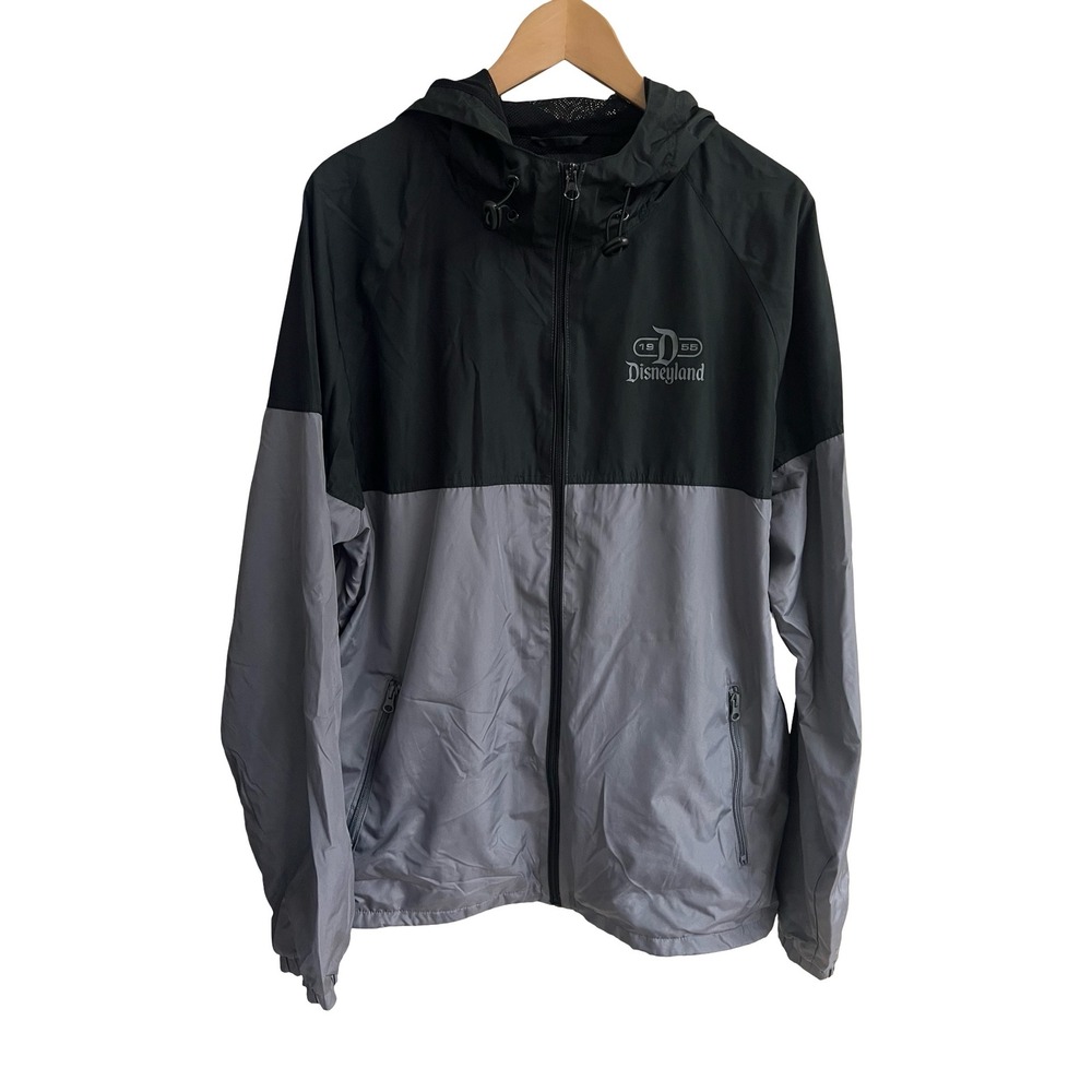 Disney Parks Disneyland 1955 Mens Large Windbreaker Jacket Black Grey Full Zip